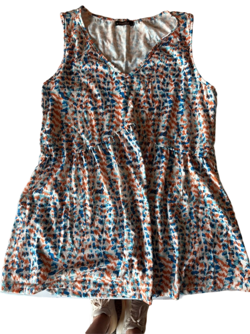 Sleeveless V-Neck Printed Peplum Tank Top - Blue & Orange